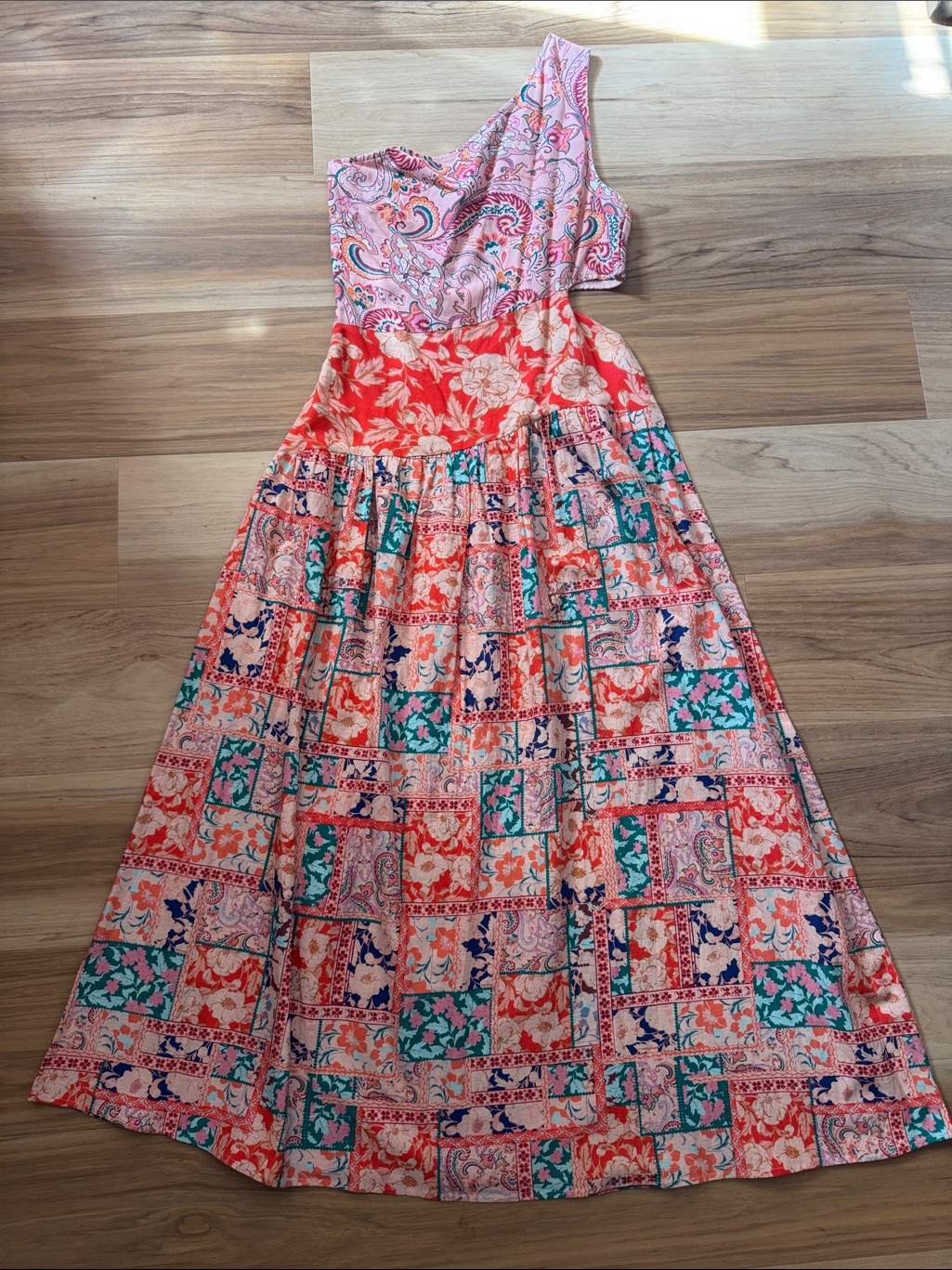 One-Shoulder Open Waist Maxi Dress - Coral, Pink & Teal